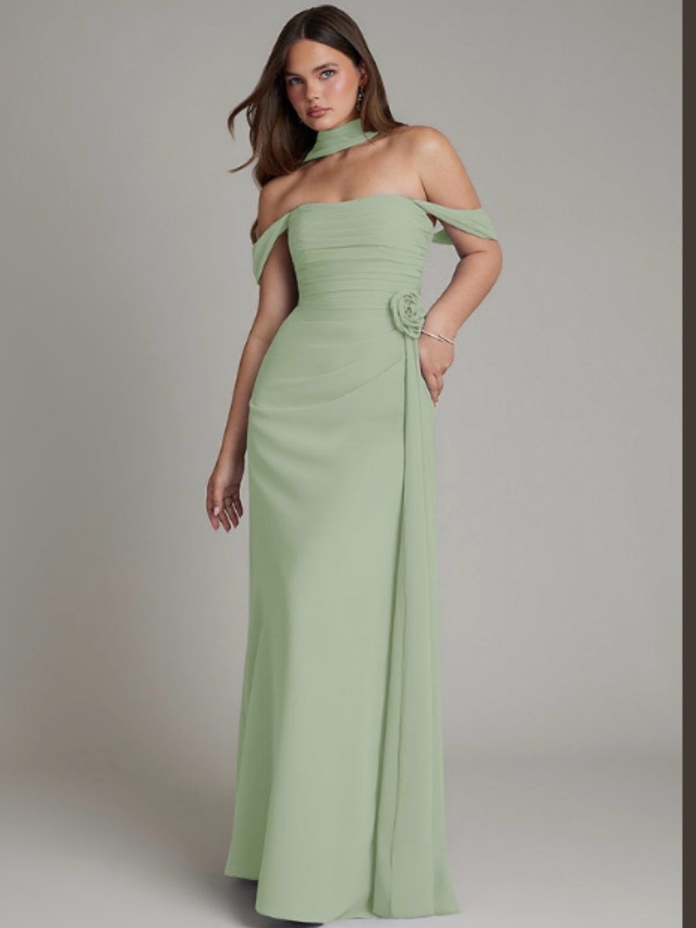 Elegant Sage Green Off-Shoulder Evening Gown